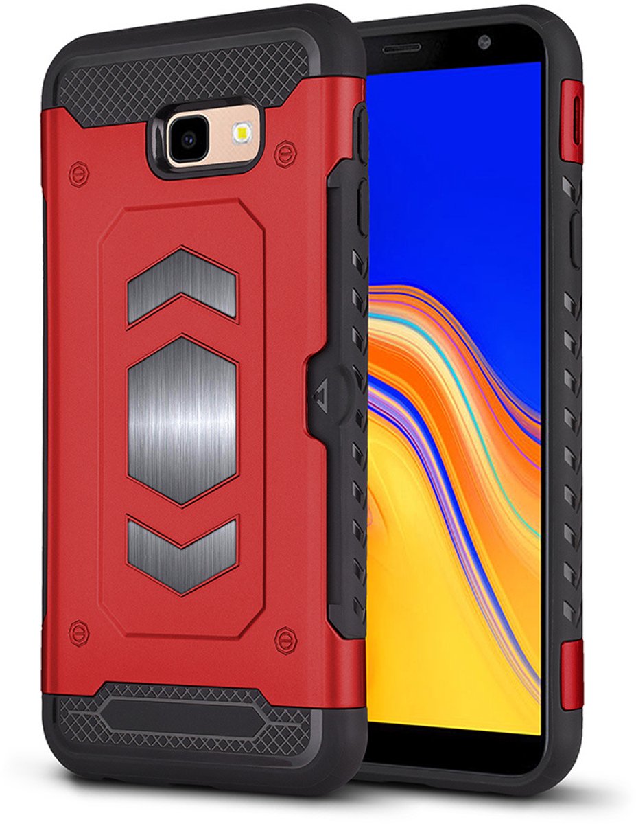 Samsung Galaxy J4 Plus (2018) Luxe Armor Case met Pashouder Rood - van Bixb