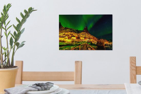 Aurores boréales au-dessus d'un village en Norvège toile 2cm 30x20 cm - petit - Tirage photo sur toile (Décoration murale salon / chambre) / phénomènes naturels Peintures sur toile