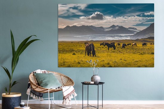 Chevaux islandais dans une pelouse toile 2cm 180x120 cm - Tirage photo sur toile (Décoration murale salon / chambre) / Animaux sauvages Peintures sur toile XXL / Groot format!