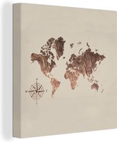 Canvas Wereldkaart - 20x20 - Wanddecoratie Wereldkaart - Hout - Kompas