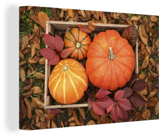 Peintures sur toile - Citrouilles en caisse bois - 90x60 cm - Décoration murale
