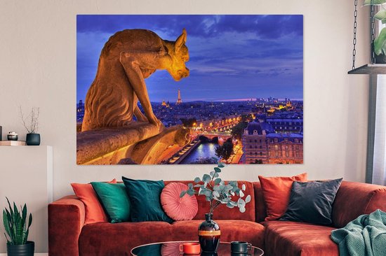 Canvas schilderij 150x100 cm - Wanddecoratie Gargoyle in de nacht boven op de Notre Dame in Parijs - Muurdecoratie woonkamer - Slaapkamer decoratie - Kamer accessoires - Schilderijen