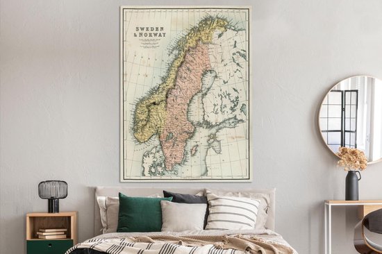 Carte ancienne de la Suède et de la Norvège 120x160 cm - Tirage photo sur toile (Décoration murale salon / chambre) XXL / Groot format!