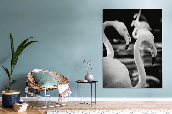 Gros plan de flamants roses en noir et blanc 120x160 cm - Tirage photo sur toile (Décoration murale salon / chambre) XXL / Groot format!