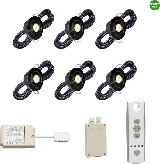 (Complete set) – LED veranda inbouwspot Toledo zwart RTS – set van 6 stuks – Kantelbaar – Inclusief transformator & 1 x Somfy RTS LED receiver 500…