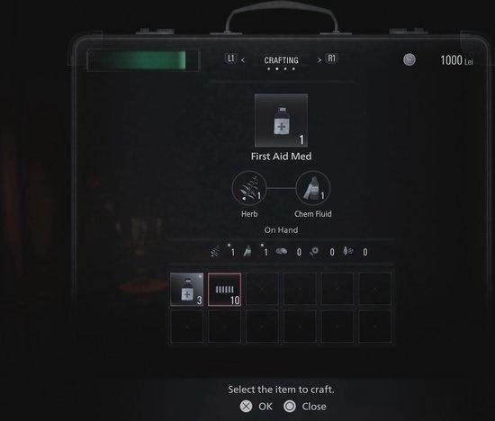Scherm van het spel Resident Evil Village, met het craftingmenu voor 'First Aid Med'.