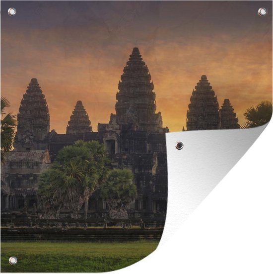 Tuinposters Zonsopkomst bij Angkor Wat - 50x50 cm - Tuindoek - Buitenposter