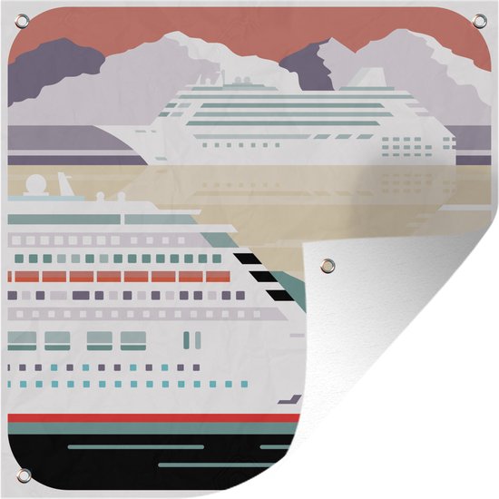 Tuindoek Een illustratie van een cruiseschip voor besneeuwde bergen - 100x100 cm