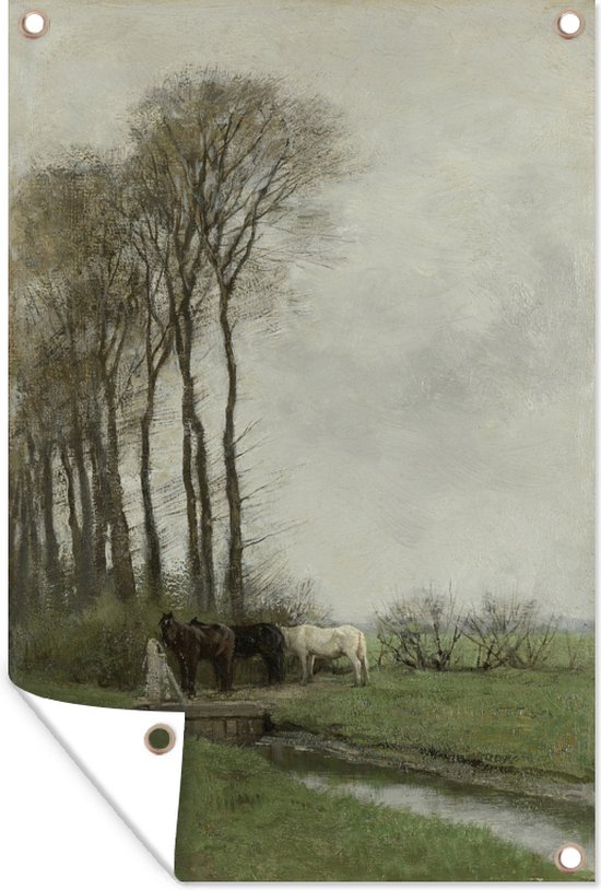 Wanddecoratie buiten Paarden bij het hek - Schilderij van Anton Mauve - 80x160 cm - Tuindoek - Buitenposter