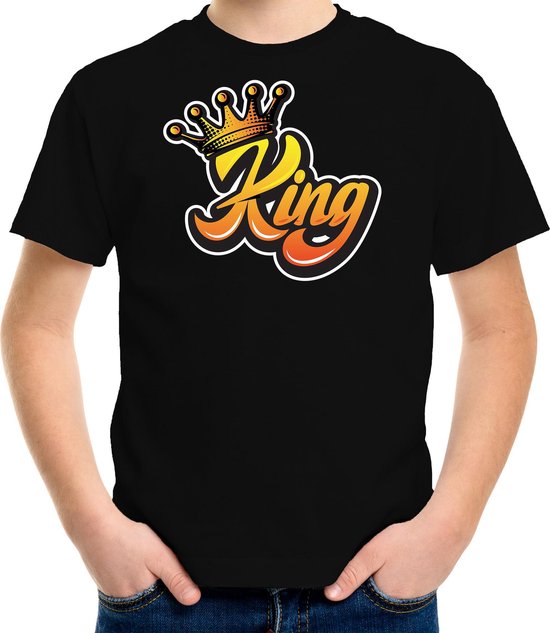 Zwart Koningsdag King t-shirt voor kinderen/ jongens 146/152