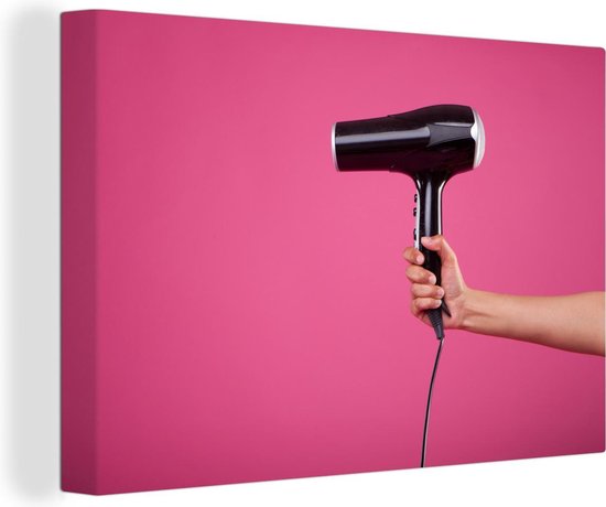 Canvas schilderij 180x120 cm - Wanddecoratie Een zwarte föhn op een roze achtergrond - Muurdecoratie woonkamer - Slaapkamer decoratie - Kamer accessoires - Schilderijen