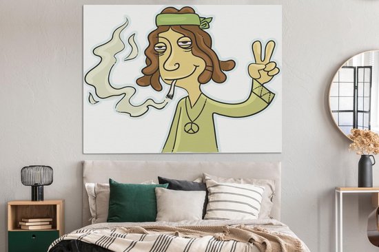 Une illustration d'un hippie qui souffle sur toile 160x120 cm - Tirage photo sur toile (Décoration murale salon / chambre) / Peintures Fleurs sur toile XXL / Groot format!