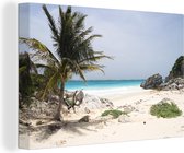 Canvas Schilderij Een wit zandstrand met palmbomen bij het Nationaal park Tulum in Mexico - 60x40 cm - Wanddecoratie