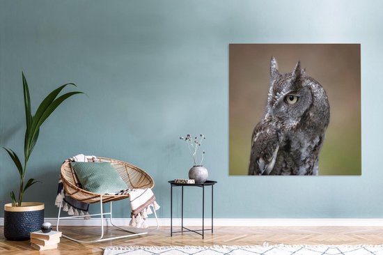 Gros plan d'un petit hibou sur toile 160x120 cm - Tirage photo sur toile (Décoration murale salon / chambre) XXL / Groot format!