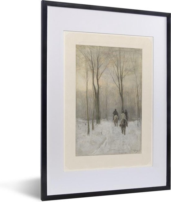 Ruiters in de sneeuw in het Haagse Bos - Schilderij van Anton Mauve fotolijst zwart met witte passe-partout klein 30x40 cm - Foto print in lijst