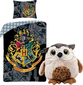 Harry Potter Dekbedovertrek- Katoen- 1persoons- 140x200- Dekbed Hogwarts Logo -Zwart, incl. Pluche knuffel Uil 21 cm