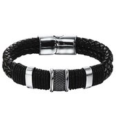 Armband- zwart- leer- metalen elementen-21 cm-Charme Bijoux