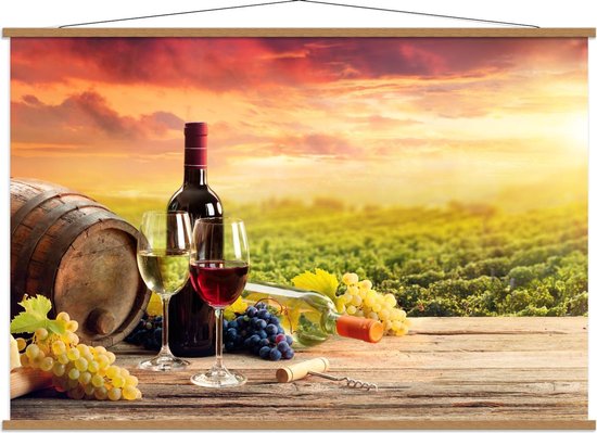 Schoolplaat – Wijnvat met Wijn en Druiven - 150x100cm Foto op Textielposter (Wanddecoratie op Schoolplaat)