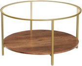 Segenn's  Wix Salontafel - Salontafel Ronde Glazen Tafel - Goud - Bruin hout - Gouden Ijzeren Frame - 90 cm