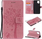 Voor Samsung Galaxy A12 Boom & Kat Patroon Geperst Afdrukken Horizontale Flip PU Lederen Case met Houder & Kaartsleuven & Portemonnee & Lanyard (Roze)