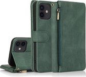 Skin-feel Crazy Horse Texture Rits Portemonnee Tas Horizontale Flip Leren Case met Houder & Kaartsleuven & Portemonnee & Lanyard Voor iPhone 12/12 Pro (Donkergroen)