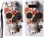 Voor Samsung Galaxy S10 + Gekleurde Tekening Patroon Horizontale Flip Leren Case met Houder & Kaartsleuven & Portemonnee & Lanyard (Bloemschedel)