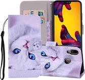 Witte kat patroon gekleurde tekening horizontale lederen flip case voor Huawei P20 Lite, met houder & kaartsleuven & portemonnee & lanyard