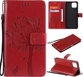 Voor OPPO A73 5G Boom & Kat Patroon Geperst Afdrukken Horizontale Flip PU Lederen Case met Houder & Kaartsleuven & Portemonnee & Lanyard (Rood)