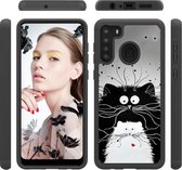 Voor Samsung Galaxy A21 (Amerikaanse versie) Gekleurd tekeningpatroon PU Skinny + TPU beschermhoes (zwart-witte kat)