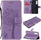 Voor Oppo Reno3 5G / Find X2 Lite Tree & Cat Reliëfpatroon Horizontale Flip lederen tas met houder & kaartsleuven & portemonnee & lanyard (lichtpaars)