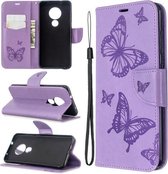 Voor Nokia 6.2 / 7.2 Embossing Two Butterflies Pattern Horizontale Flip PU Leather Case met houder & kaartsleuf & portemonnee & lanyard (paars)
