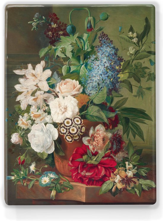 Fleurs dans un vase en terre cuite - Laqueprint sur bois -19,5 x 30 cm - Peinture - Cadeau Uniek et original