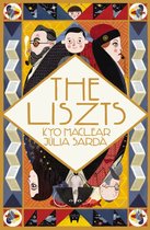 Boekcover 'The Liszts' met stripboekstijl illustraties van surrealistische figuren, een man met bril en pijp, een vrouw met rode hoed en een kind.
