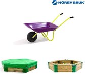 Horby Bruk® Zandbak 150 - Inclusief paarse kruiwagen voor kinderen en zandbak hoes - Houten Zandbak - Speeltoestel buiten - Buitenspeelgoed voor jongens - Buitenspeelgoed meisjes -