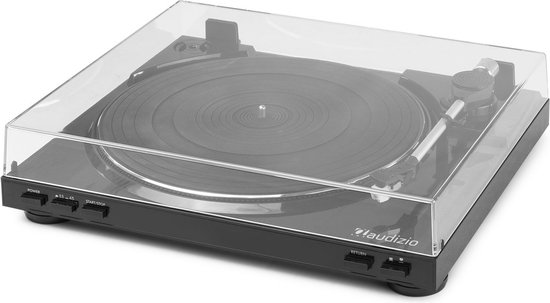 Zwarte Audizio platenspeler met vinylplaat en transparante kap, met de tekst 'POWER' en 'START/STOP'.