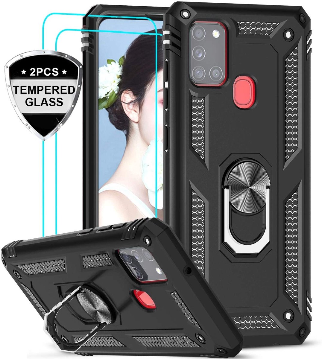 Hoesje Geschikt Voor Samsung Galaxy A21S Ring Armor Hoesje + 2x Screenprotector - Zwart