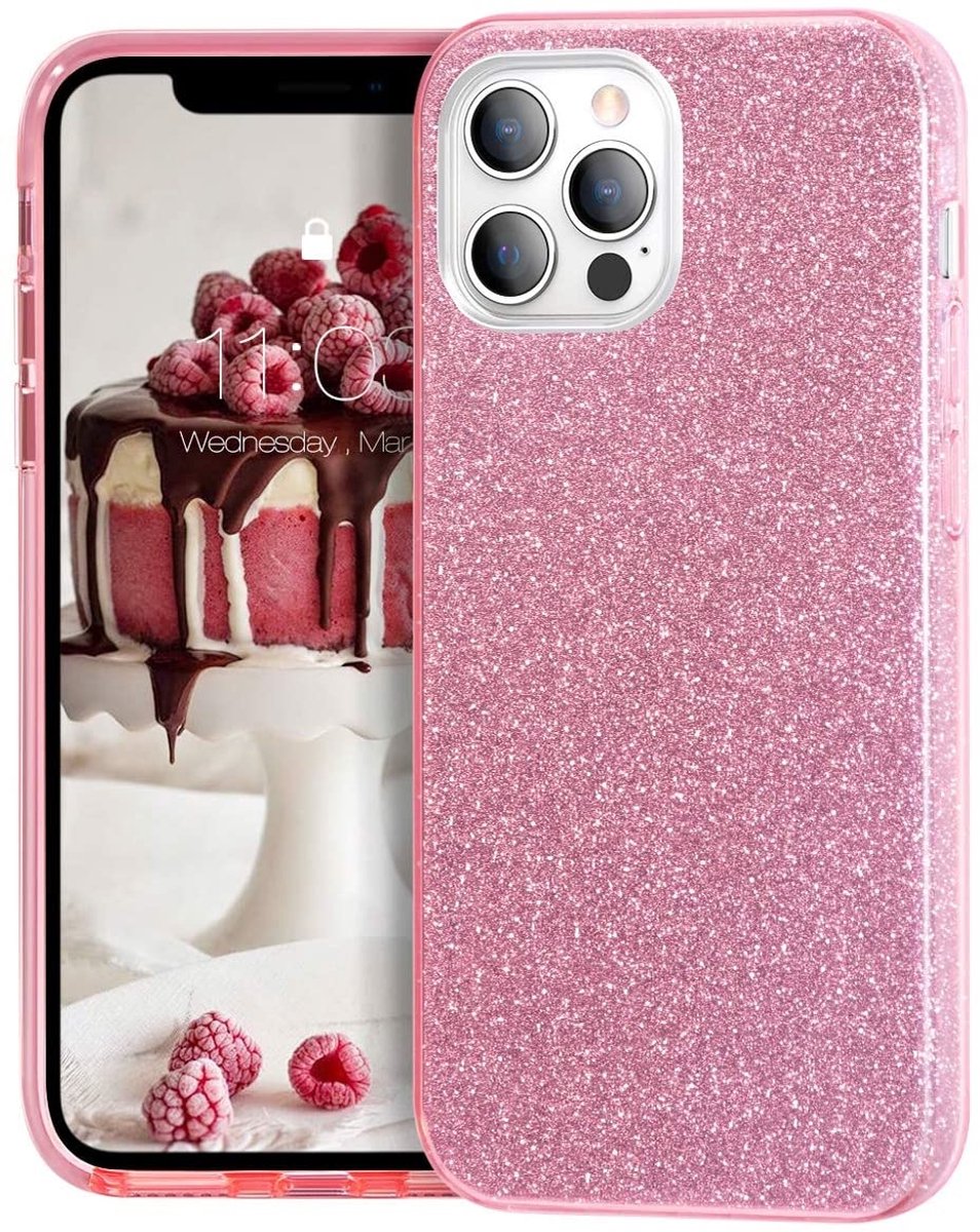 Hoesje Geschikt voor iPhone 12 Mini Hoesje - Glitter TPU Backcover - Pink