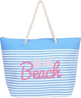 Strandtas met handvat blauw/wit gestreept met On The Beach print polyester 38 x 39 cm - Strandtassen