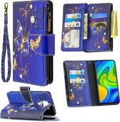 Voor Xiaomi Redmi Note 9 Gekleurde Tekening Patroon Rits Horizontale Flip Leren Case met Houder & Kaartsleuven & Portemonnee (Paarse Vlinder)