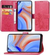 Voor OPPO Reno4 vierbladige gesp reliëf gesp mobiele telefoon bescherming lederen tas met lanyard & kaartsleuf & portemonnee & beugel functie (magenta)