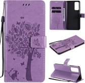 Voor Huawei Maimang 9 Boom & Kat Patroon Geperst Afdrukken Horizontale Flip PU Lederen Case met Houder & Kaartsleuven & Portemonnee & Lanyard (Lichtpaars)