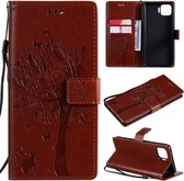 Voor OPPO F17 Pro / Reno4 Lite Tree & Cat Pattern Pressed Printing Horizontale Flip PU lederen tas met houder & kaartsleuven & portemonnee & Lanyard (koffie)