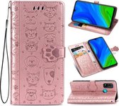 Voor Huawei P Smart 2020 Mooie Kat en Hond Embossing Patroon Horizontale Flip Leren Case, met Houder & Kaartsleuven & Portemonnee & Cartoon Sluiting & Lanyard (Rose Goud)