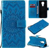 Voor Motorola Moto G9 Play Pressed Printing Zonnebloempatroon Horizontale Flip PU-lederen hoes met houder & kaartsleuven & portemonnee & lanyard (blauw)