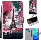 Voor Motorola Moto G Power (2020) Gekleurde tekening Cross Texture Horizontale Flip PU lederen tas met houder & kaartsleuven & portemonnee & lanyard (Pink Flower Tower Bridge)