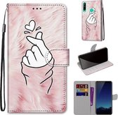 Voor Huawei P40 Lite E / Y7p Gekleurde Tekening Cross Textuur Horizontale Flip PU Lederen Case met Houder & Kaartsleuven & Portemonnee & Lanyard (Roze Handen Hart)