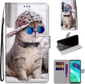 Voor Motorola Moto G8 Gekleurde tekening Cross Texture Horizontale Flip PU lederen tas met houder & kaartsleuven & portemonnee & lanyard (Slant Hat Blue Mirror Cat)