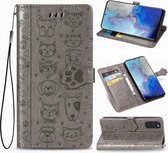 Voor Galaxy S20 schattige kat en hond reliëf horizontale flip lederen tas met beugel / kaartsleuf / portemonnee / lanyard (grijs)