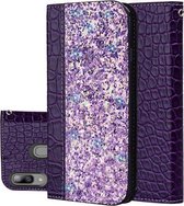 Krokodiltextuur Glitterpoeder Horizontale leren flip-hoes voor Galaxy A20E, met kaartsleuven en houder (paars)