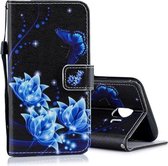 Blauw bloempatroon horizontaal leren flip-hoesje voor Galaxy J4 (2018), met houder en kaartsleuven en portemonnee